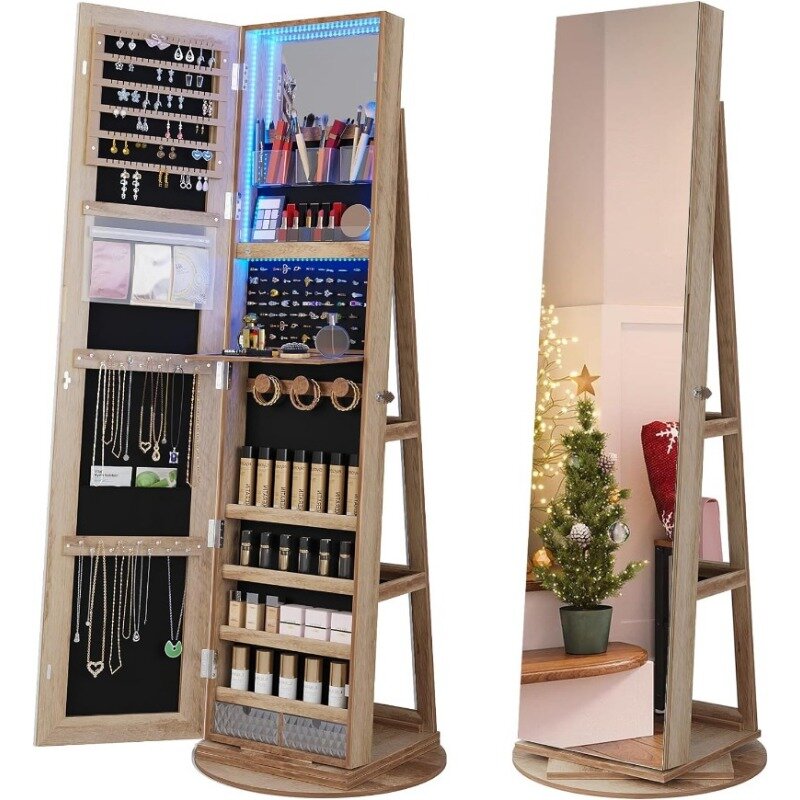Jewelry Armoire Organizer, 360° Swivel Jewelry Cabinet with Lights, Large Storage Capacity, Full Length Mirror