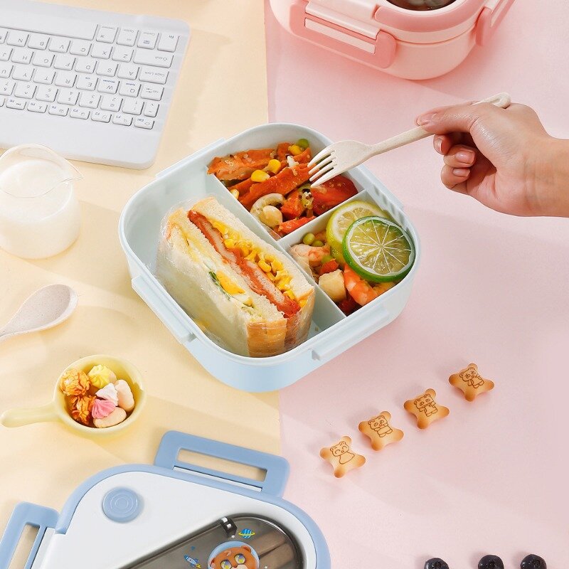 Peralatan makan tamasya kotak makan siang plastik portabel, kotak Bento untuk berkemah luar ruangan wadah makanan piknik untuk anak dan pelajar
