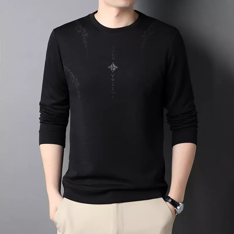 Spring Men's New Fashionable Round Neck Personalized Printing Trend Versatile Pullover, Casual Wear Solid Color Sportswear