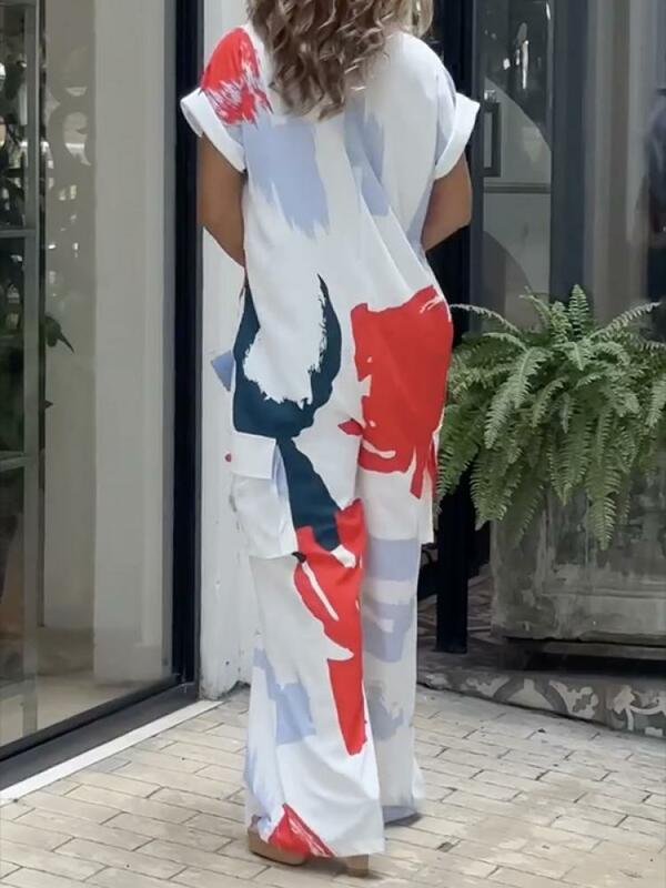 Yeazzi moda donna stampata gamba larga risvolto tute 2024 nuova estate maniche corte allentate Casual High Street tute da salto