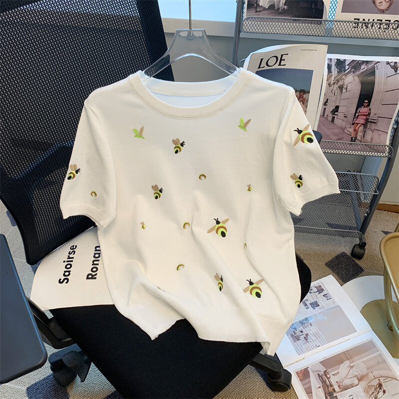 Sommer Damenmode bedruckte Strick pullover 2024 koreanischen Stil Kurzarm lässig weiße Strickwaren Damen Pullover Pullover