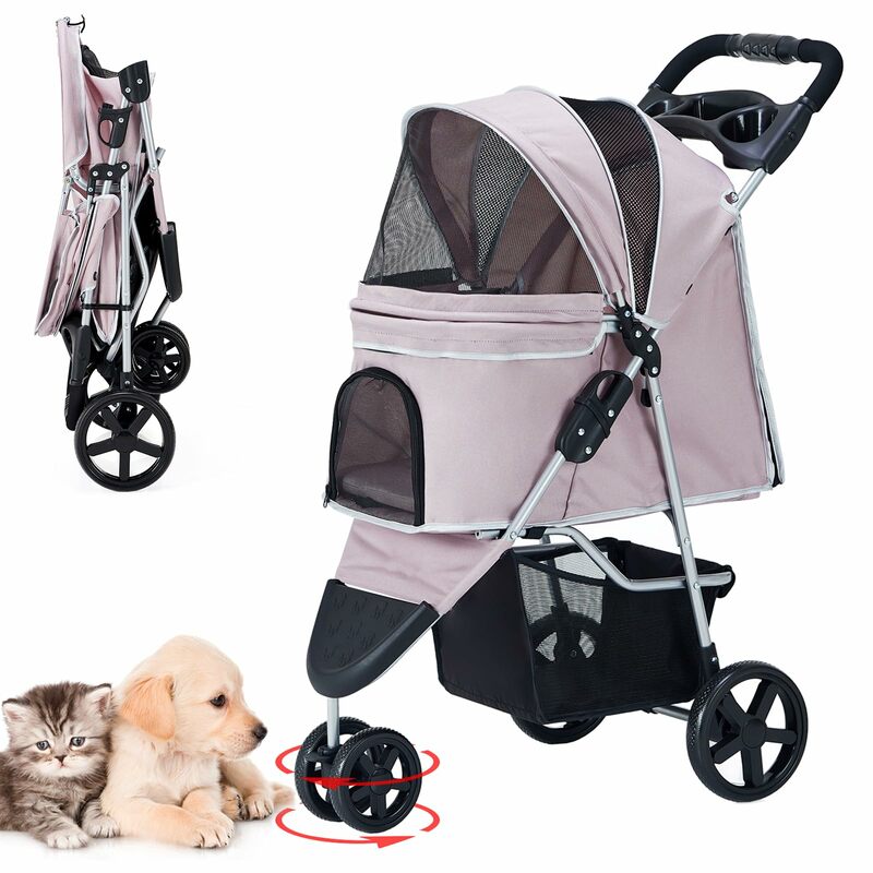 Encantadora Expedición de mascotas rosa: cochecito de mascotas para perros medianos/pequeños, de 3 ruedas plegable Jogger, jaula, cesta