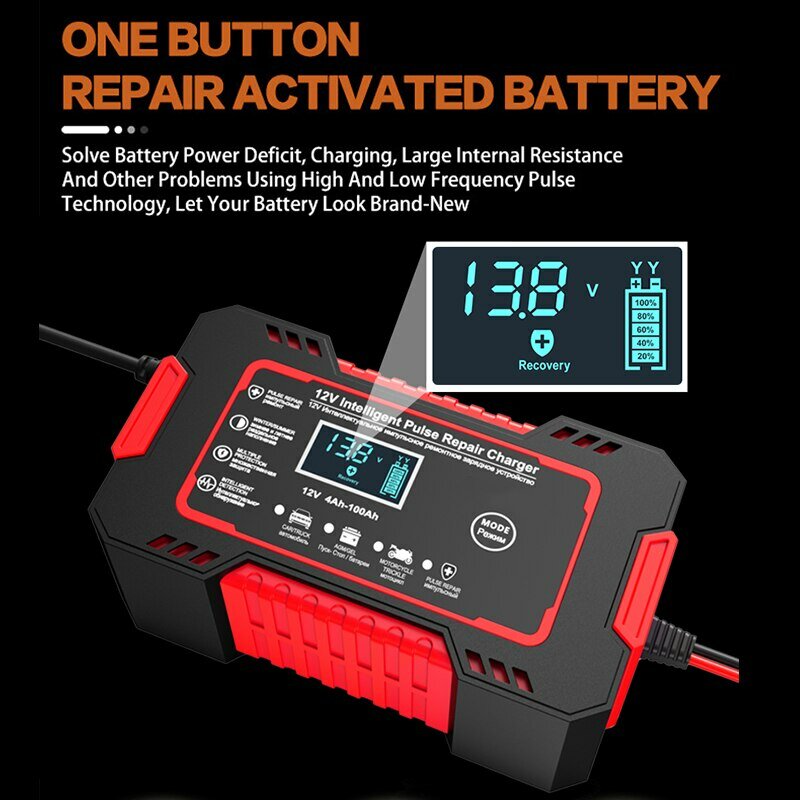 Chargeur de batterie de voiture avec écran LCD, réparation SnapPulse, charge rapide intelligente, acide de plomb AGM, subventionnement profond, auto, moto, 12V