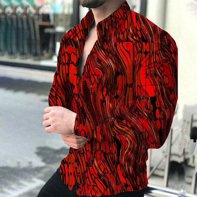 Men's Casual Printed Shirt  Button Down  Band Collar  Party T Dress Up  Size M 2XL  Polyester  Muscle Fitness  Long Sleeve