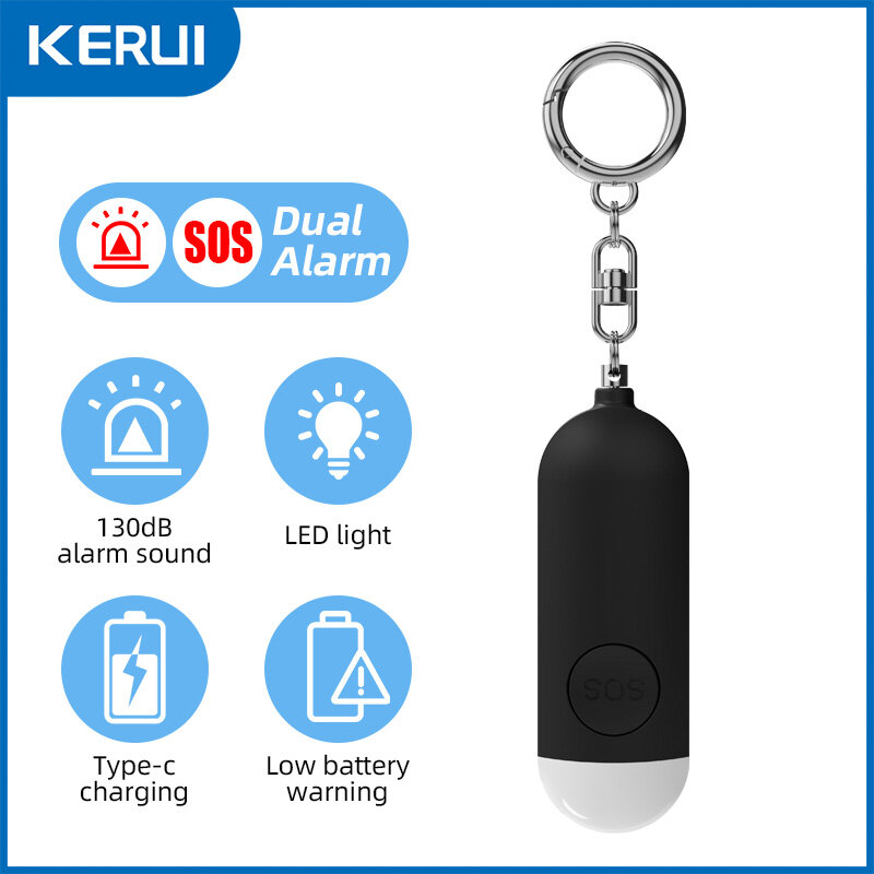 130dB Kerui เตือนภัยป้องกันตนเองพร้อมไฟ LED ชาร์จได้สำหรับผู้หญิง SOS ส่วนตัวเตือนความปลอดภัยโซ่กุญแจฉุกเฉิน