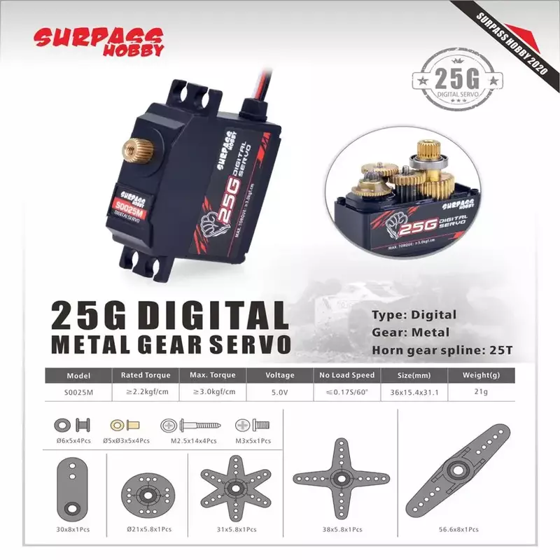 SURPASS HOBBY-Servo Digital Steering Gear, Engrenagem De Metal De Plástico, Robô Do Barco Do Carro Avião RC, 25g, 12428, 1:12