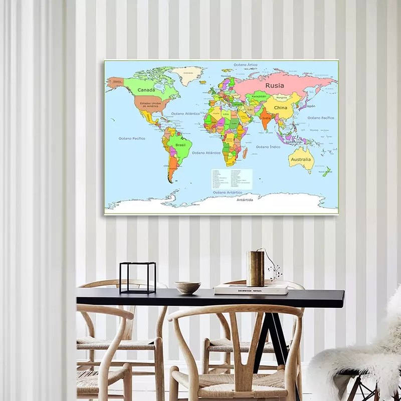 Mapa político do mundo 225*150cm pintura em tela não tecida em espanhol arte da parede cartaz sem moldura sala de imagem decoração de casa