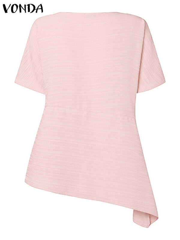 Летняя Повседневная Блузка VONDA 2024, модные женские однотонные свободные топы с коротким рукавом и асимметричным подолом, элегантные рубашки, женские блузы