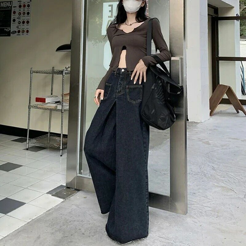 Vintage Wijde Pijpen Jeans Vrouwen Gothic Zwarte Baggy Jeans Koreaanse Losse Hoge Taille Broek Y 2K Mode Streetwear