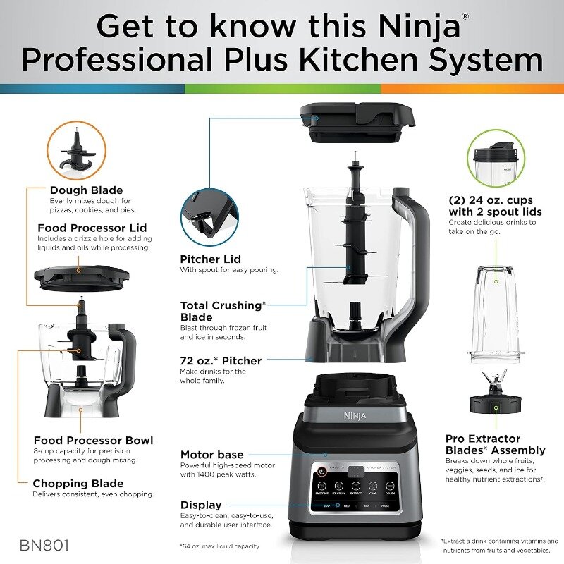 Ninja BN801 Professional Plus Sistema de Cozinha, 5 Funções para Smoothies, Cortar Massa, Auto IQ, 72 oz.