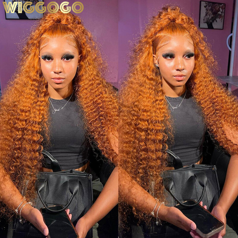 Wiggogo-peluca Frontal de encaje naranja jengibre, cabello humano rizado, 30 pulgadas, onda profunda, 13x4, 13x6, Hd