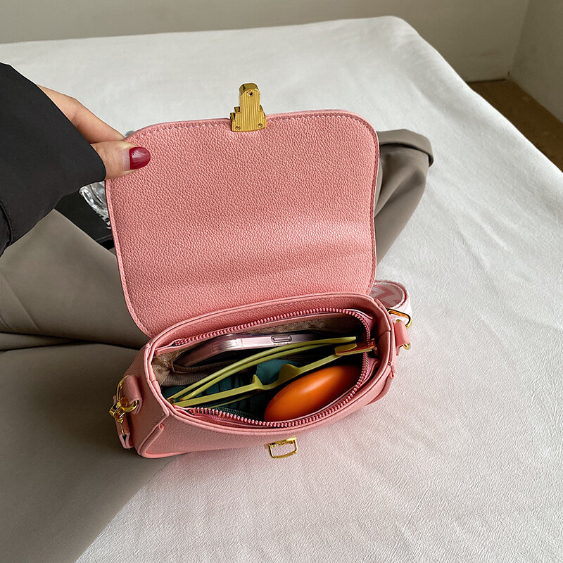 Solid Color Pu Leather Shoulder Crossbody Bags For Women Designer Brand Adjustable Wide Strap Handbag And Purse Small Square Bag