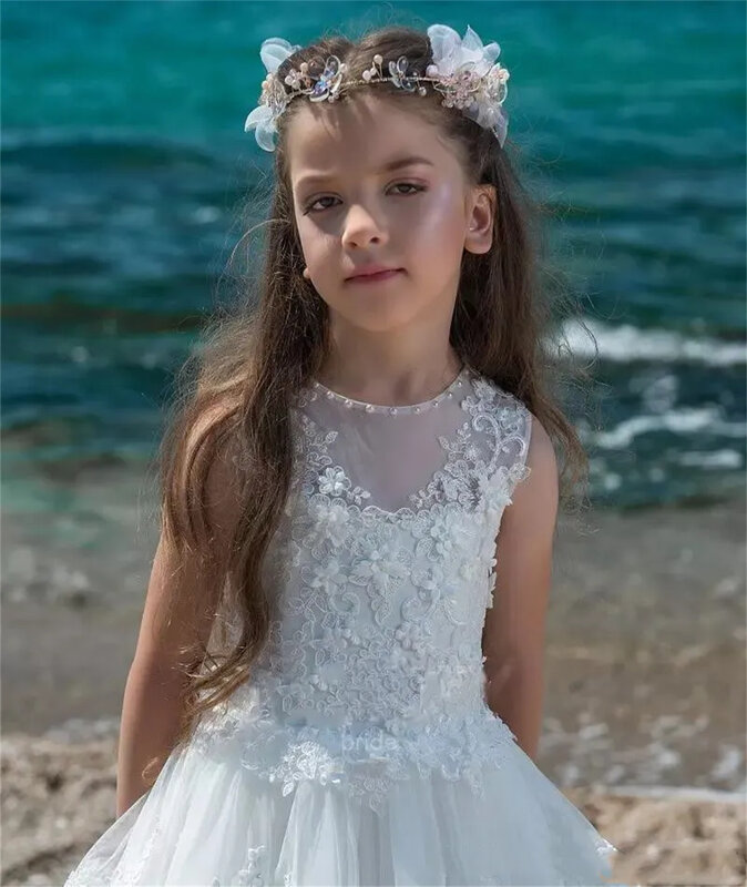 Elegante Witte Tule Gezwollen Kant Bloemenmeisje Jurk Voor Bruiloft Applique Mouwloos Kind Eerste Eucharistische Verjaardagsfeestjurk