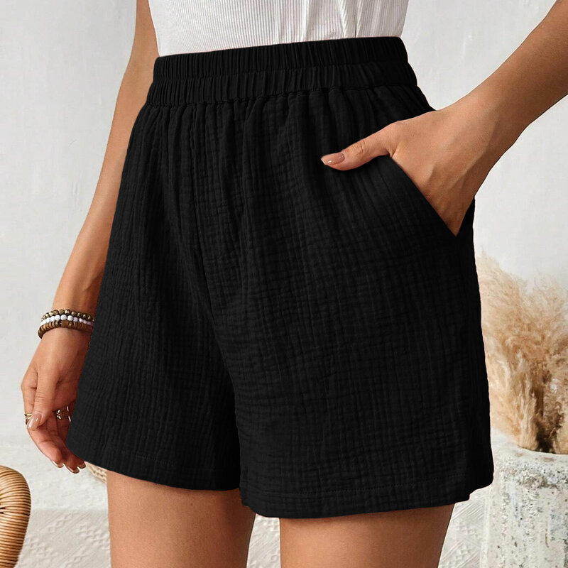 Shorts plissados de algodão feminino de camada dupla, perna reta calça casual, cintura alta shorts esportivos soltos, moda streetwear