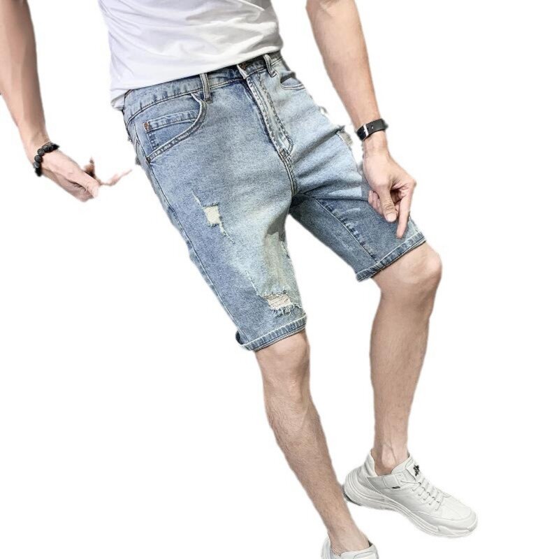Herren lose fünfteilige Jeans shorts Hose lässig elastische Taille Loch Stretch koreanische Mode Denim kurze Hosen zerrissene Jeans