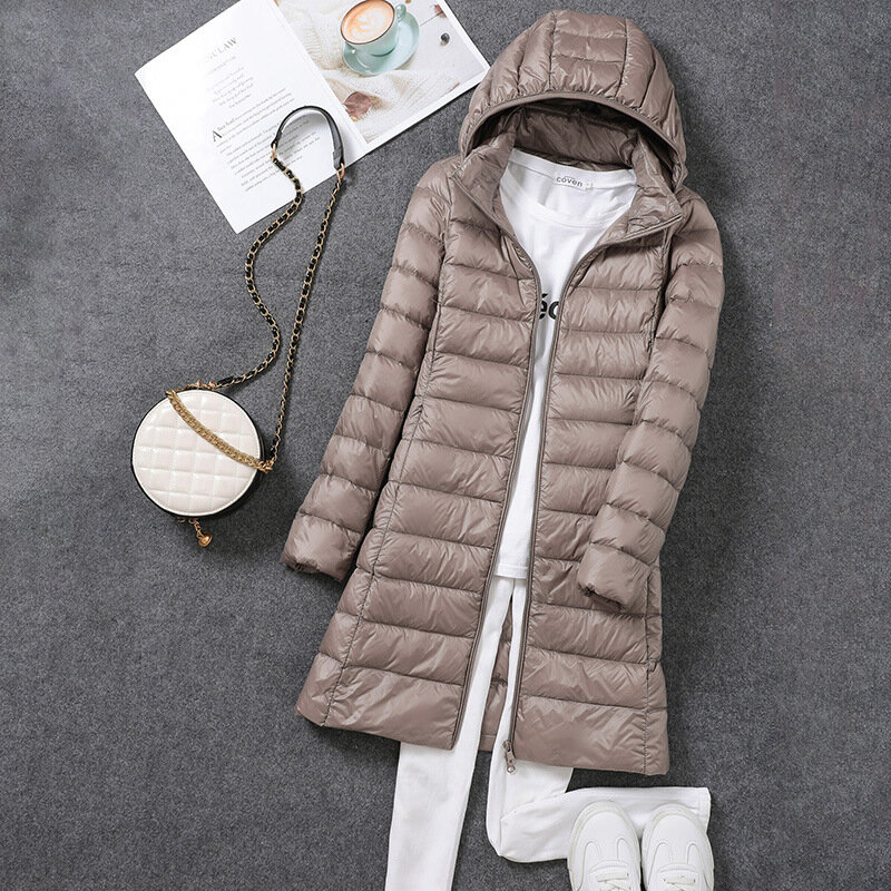 Женская Весенняя куртка, Ультралегкая тонкая упакованная длинная пуховая куртка, Женская приталенная юбка со съемной шляпой, пальто, портативная верхняя одежда, 2023