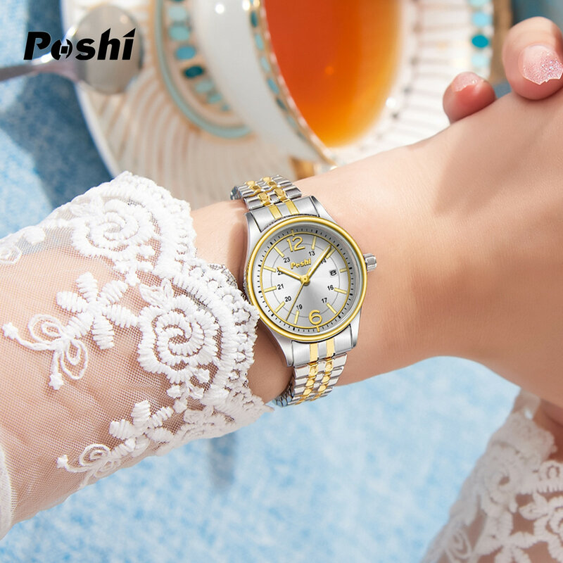 POSHI-Reloj de pulsera de cuarzo para pareja, cronógrafo informal con correa elástica de aleación de lujo, con fecha, para regalo