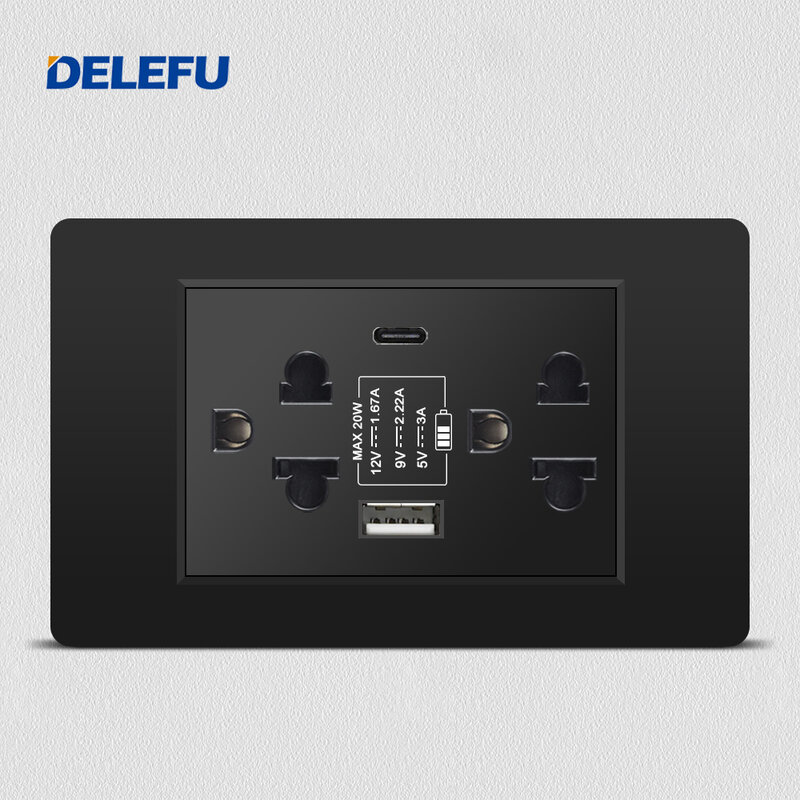 Настенная розетка Delefu/Таиланд/стандарт ЕС, 118x74 мм, черная панель из поликарбоната, USB C зарядная розетка, 15 А настенная стандартная розетка, 5