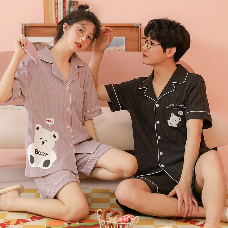 Pakaian Tidur Lengan Pendek Baru Pasangan Pria dan Wanita Set Rumah Cocok Piyama Pakaian Tidur Santai Print Kartun Pjs Katun untuk Musim Panas