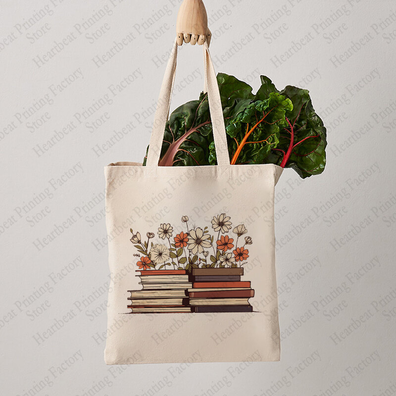 Tas jinjing pola buku bunga tas bahu kanvas untuk harian buku cacing buku hadiah kekasih wanita tas belanja yang dapat digunakan kembali