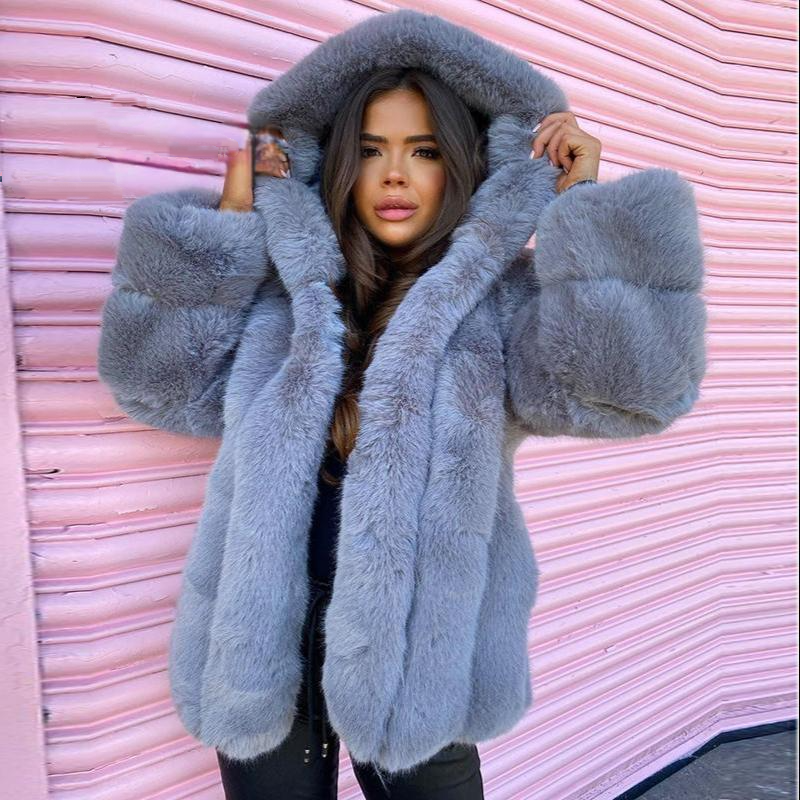 Manteau à capuche en fausse fourrure de renard pour femme, épais et chaud, à manches longues, en Patchwork, mi-long, hiver