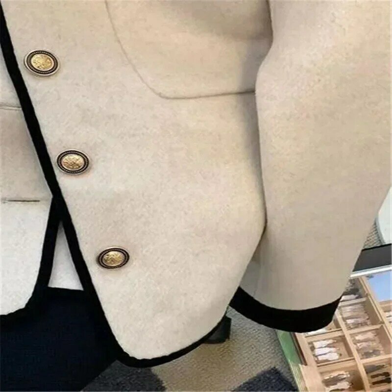 Abrigos acolchados cortos grises para mujer, ropa Vintage, Chaqueta de lana con solapa en contraste, chaquetas Harajuku, Otoño e Invierno