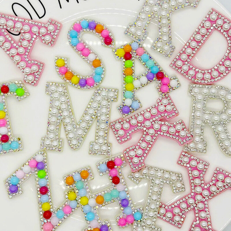 26pcs A-Z Pearl Letter Patches DIY Rhinestone Crystal Alphabet Iron on Sticker Garment Hats Bags Applique Fabric Accessories