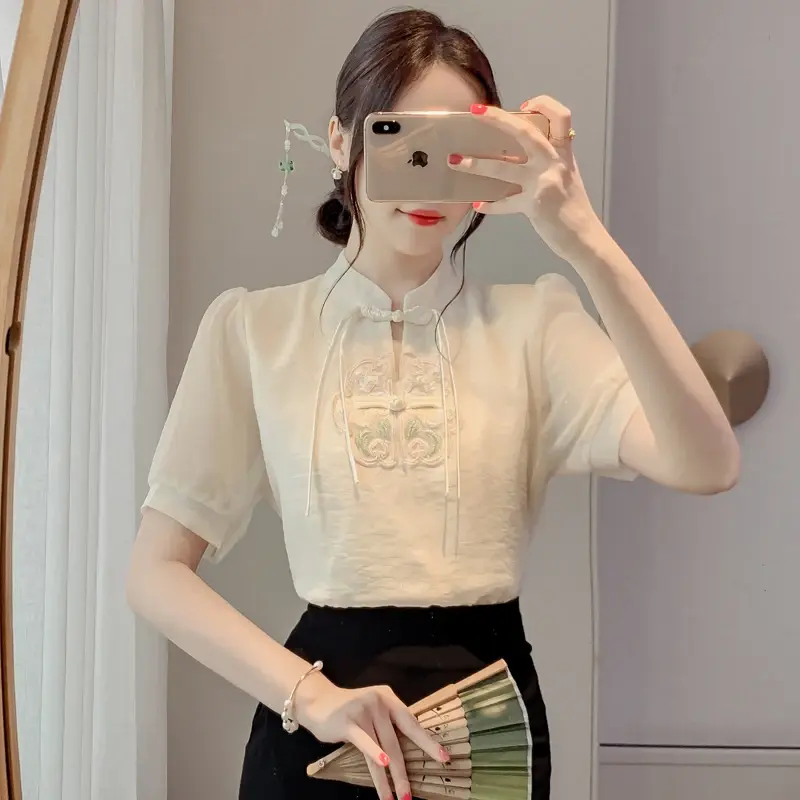 Camisa de gasa de estilo chino para mujer, blusa bordada Vintage, holgada, de manga corta, ropa de moda coreana, 2024