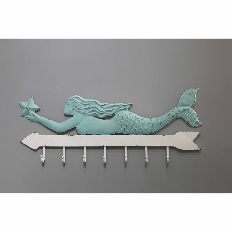 Metal Mermaid Wall Decor with 7 Hooks for Whimsical and Practical Hanging
