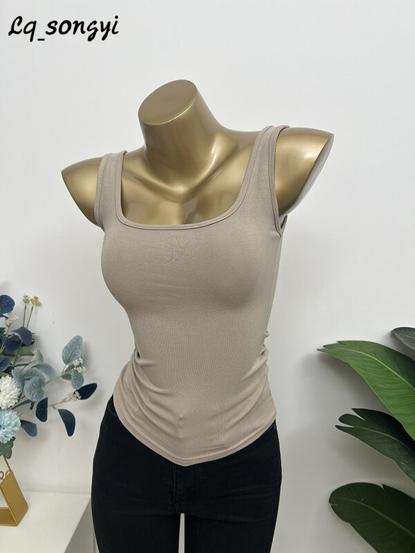Lq_songyi U Neck  Tank Top for Women Sexy Sleeveless T Shirts Wide Shoulder Strap Tanks Tops Summer Female Basic Solid Camisole
