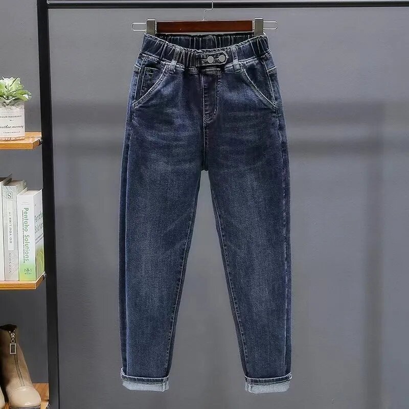 Calças jeans largas de cintura alta para mulheres, jeans de grandes dimensões, calças elásticas Harlan casual, 6XL, nova, primavera e outono