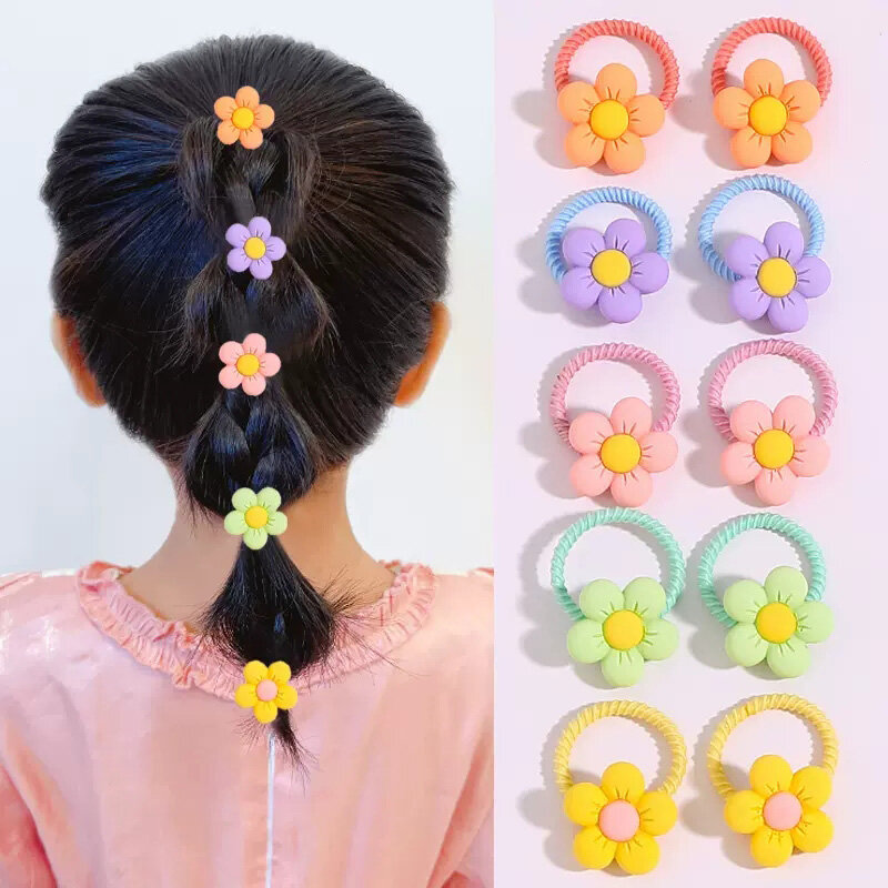 10 Buah/Set Pita Rambut Elastis Kecil Hewan Bunga Kartun Lucu untuk Anak Perempuan Ikat Rambut Anak Pita Karet Cantik