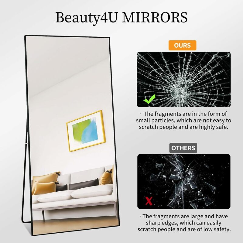กระจกแบบตั้ง/ติดผนังยาวเต็ม71 "x 32" กรอบอลูมิเนียมกระจกเทมเปอร์กระจกทั้งตัวสำหรับห้องนอน/ห้องนั่งเล่น