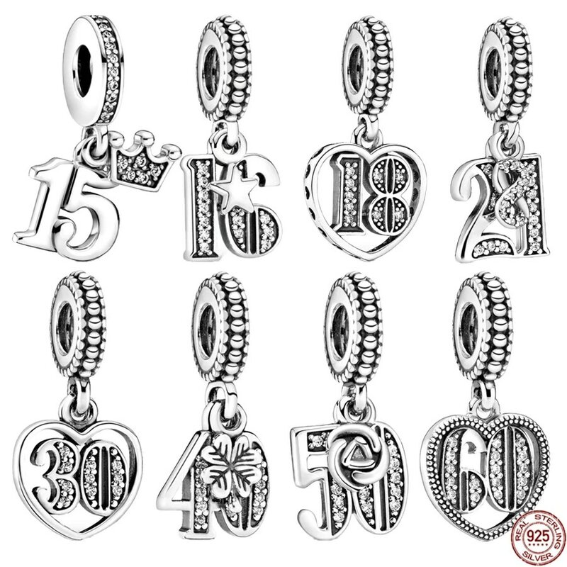 925 Sterling Silver 15th、16th、18th... Birthday Celebration Dangle Charm Beads Fit Original Pandora Bracelet Fashion Jewelry Gift