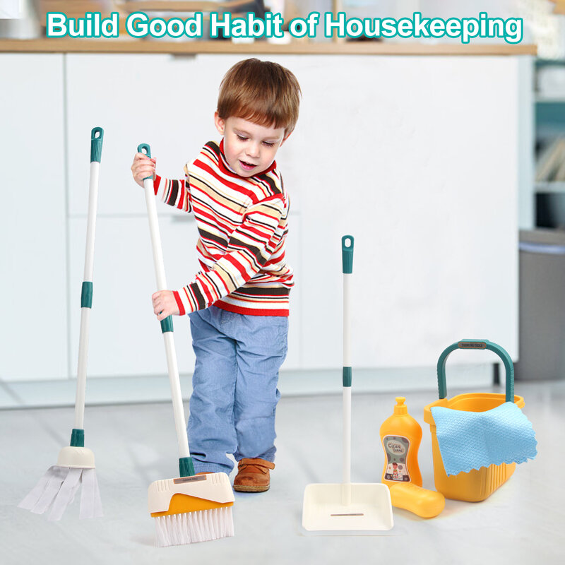 Kids Washing Cleaning Toy Pretend Play House Toys with Broom Dustpan Bucket Cleaning Preschool Toys For Boys Girls