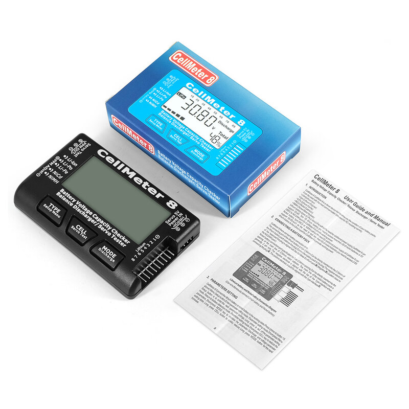 CellMeter8 Testador de Capacidade da Bateria, Display Digital LCD, Compatível com LiPo, Li lon, Li Fe, NiCd e NiMH Baterias
