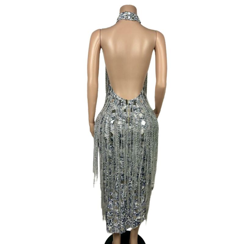 Seksowne kobiety Backless suknie urodzinowe Halter bez rękawów świecący metalowy łańcuszek luksusowa czarna dziewczyna wysoki widelec suknie balowe 2024 Liuxing