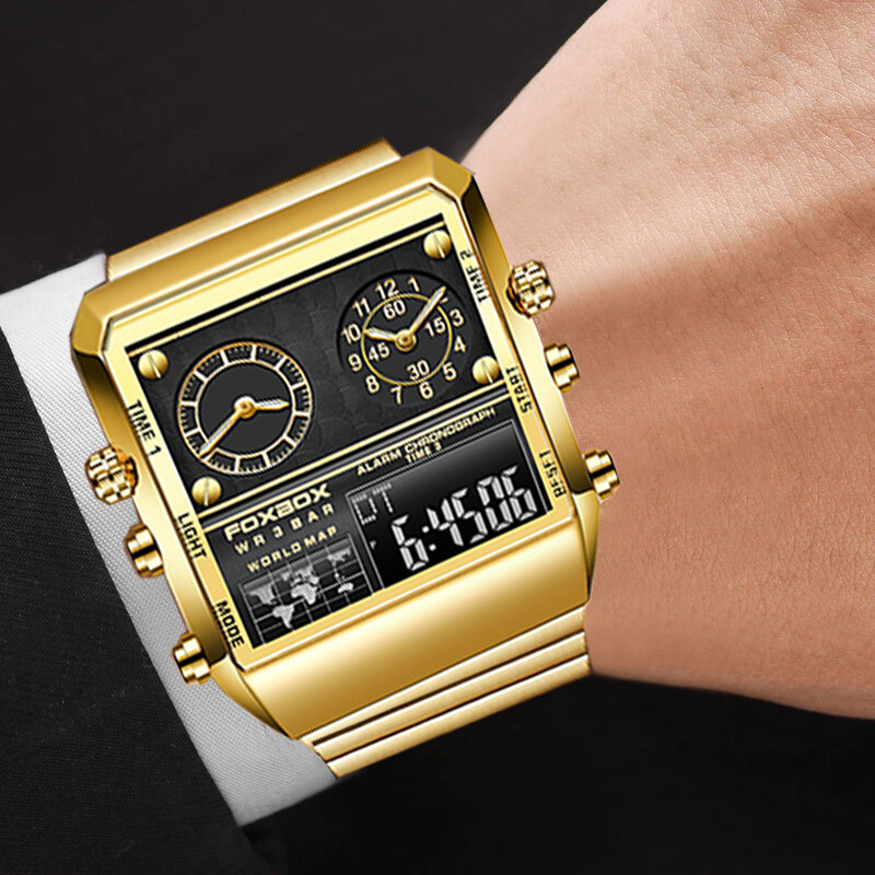 Часы наручные LIGE мужские с двойным дисплеем, модные брендовые Роскошные Кварцевые с хронографом, золотистые