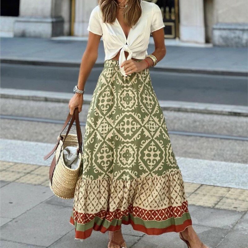 Elegancka spódnica damska Wiosna Lato Moda Nadruk Elastyczna talia Femme Patchwork Długie spódnice Streetwear Casual Vintage Vestidos