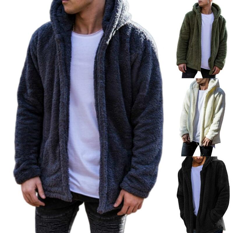 Casual Men Winter Long Sleeve Pockets Fleece Warm Hooded Loose Plus Size Coat Men Clothes Fashionable Men's Winter Jacket