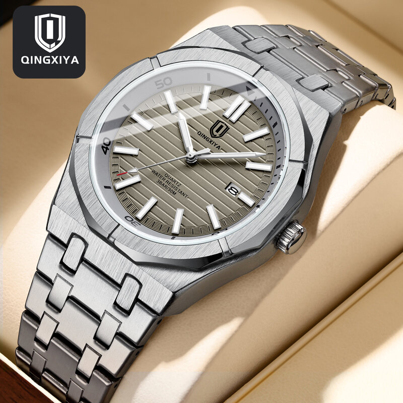 QINGXIYA-Relógio de quartzo de aço inoxidável para homens, impermeável, calendário luminoso, relógios de luxo, nova moda