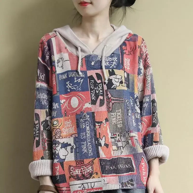 Maglioni con cappuccio a maniche lunghe autunno donna top maglione con stampa cartone animato moda femminile Harajuku Plus Size maglione vestiti di lana Mujer
