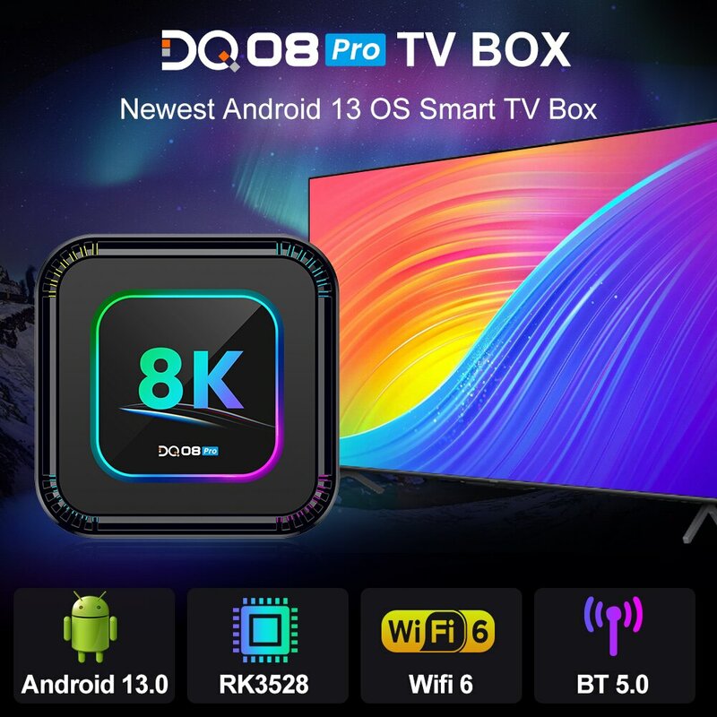 DQ08 Pro RGB Smart TV Box Android 13 RK3528 Quad Core Support 8K Video 4K 2.4&5G Wifi6 BT Google Voice 2G16G 4GB 32GB 64GB 128GB