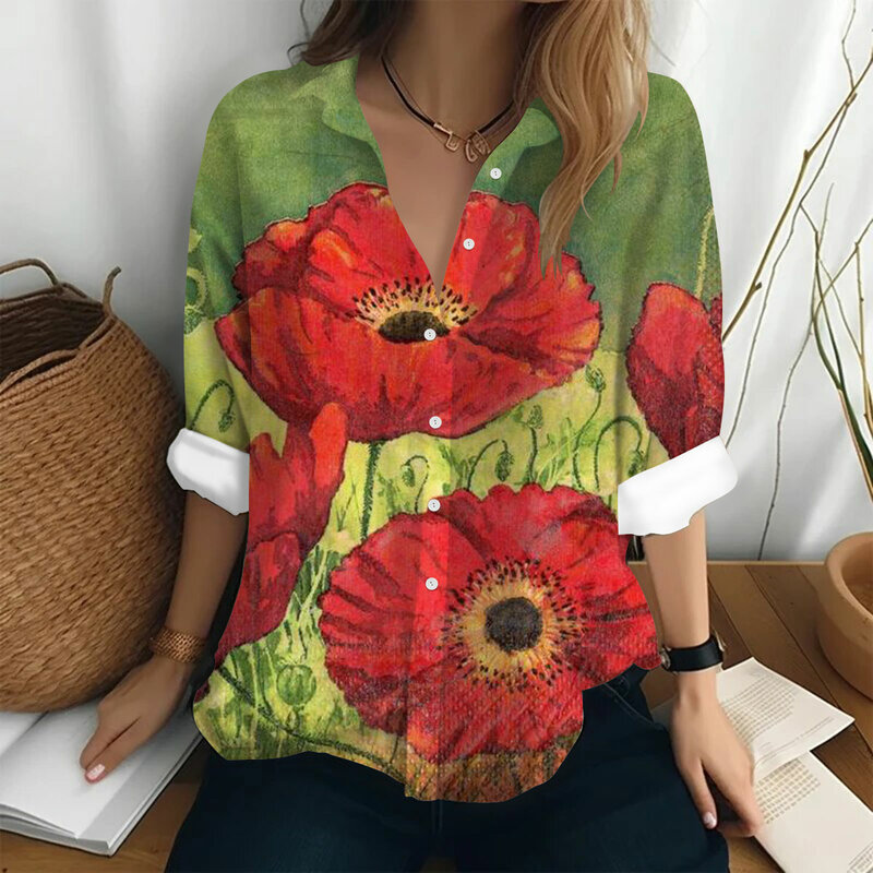 Женская винтажная рубашка с длинным рукавом, Повседневная Блузка с принтом, лето 2024
