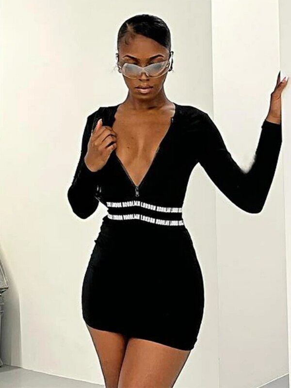 Schwarzes, figur betontes Kleid mit Damen brief druck, Langarm, Reiß verschluss, O-Ausschnitt, y2k-Kleidung, sexy Streetwear