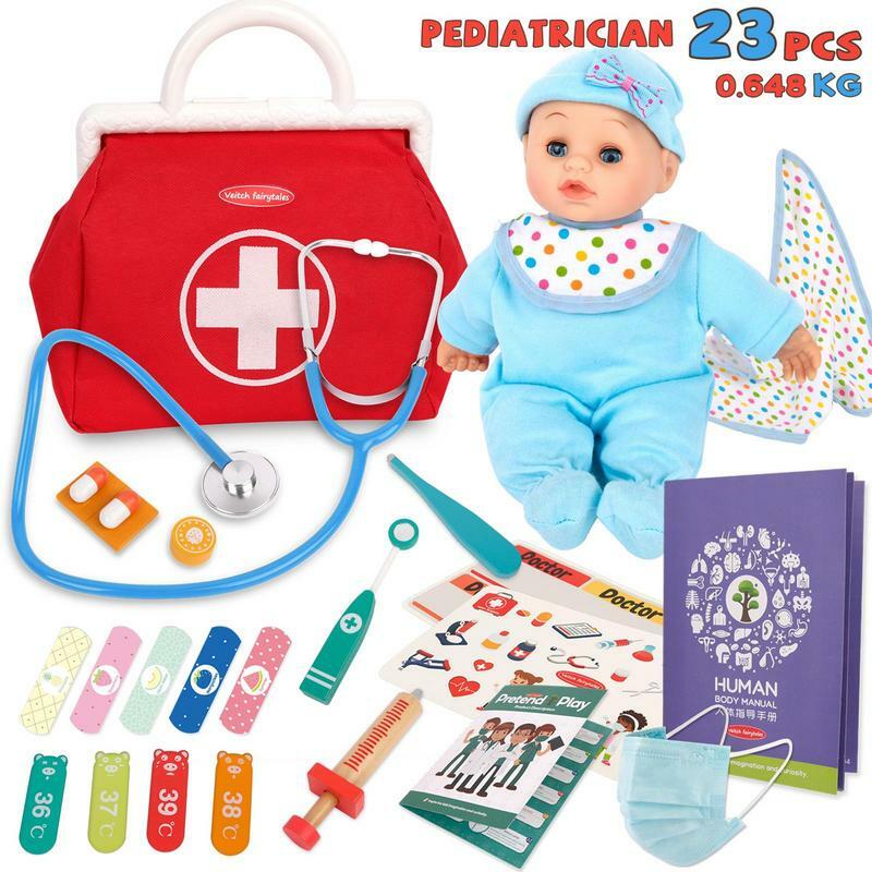 Set da gioco medico in legno 23 pezzi Kit medico per bambini Kit medico finto durevole Kit medico per bambini con stetoscopio elettronico per la casa