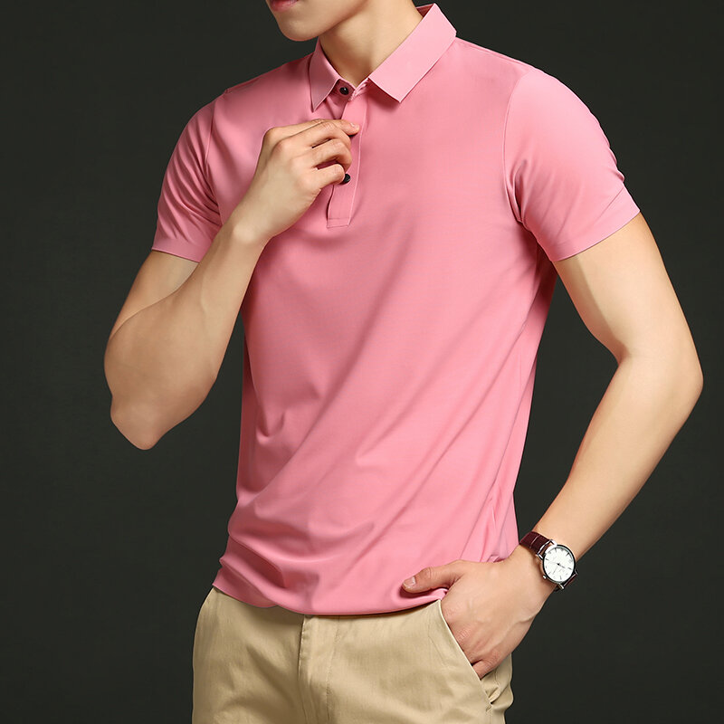 Letnia męskie koszulki Polo 2023 nowa z klapami jednokolorowa lodowy jedwab luźna krótka rękaw koszulka męska koszulka golfowa Polo