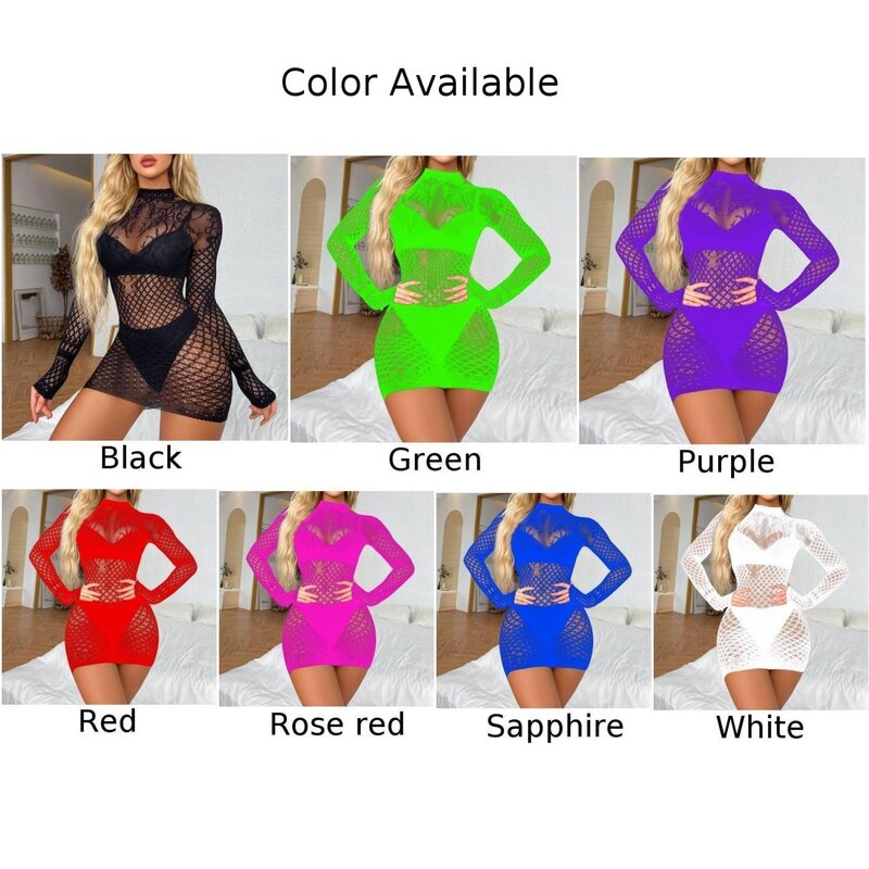 Sexy Hollow Out Full Fishnet Backless Bodycon Short Dress Long-sleeved Mock Neck Women Dress Breathable Nightdress Nightgown