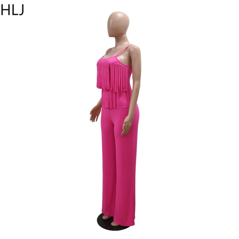 HLJ Rose Fashion Solid Color Tassels Straight Jumpsuits Women Thin Strap Sleeveless Backless Rompers Summer Matching Streetwear