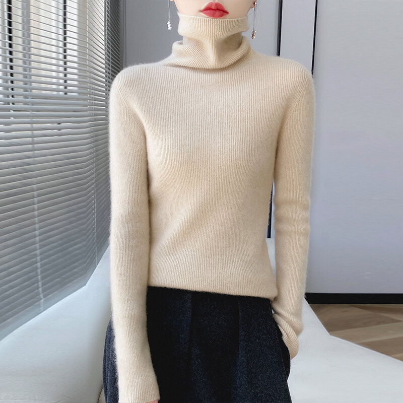 Sweater wol hangat wanita, baju hangat berleher tinggi warna solid ramping musim gugur dan musim dingin 100%